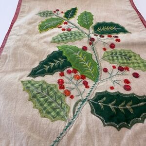 Bella Lux Christmas Table Runner Holly Berry Embroidered Sequin Tan Red Green